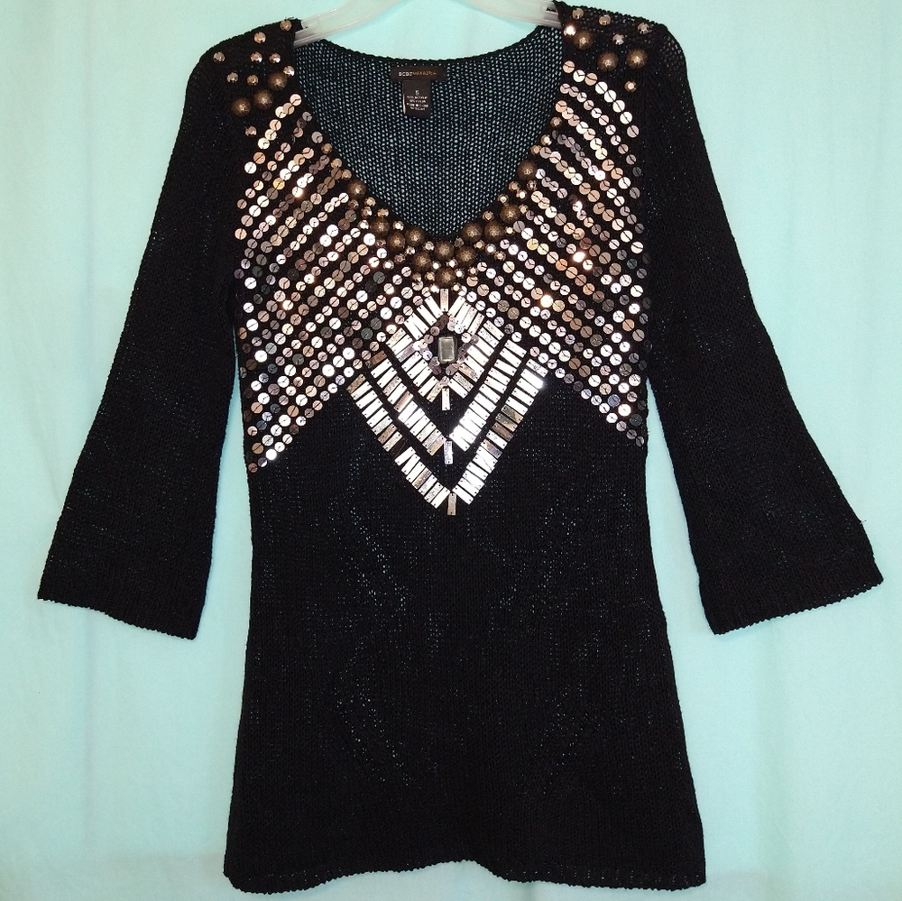 BCBGMaxazria black sequined sweater womens small festive showstopper